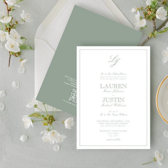 Invitation QR Code Classic Sage Green Script Monogramme Maria (Créateur téléchargé)