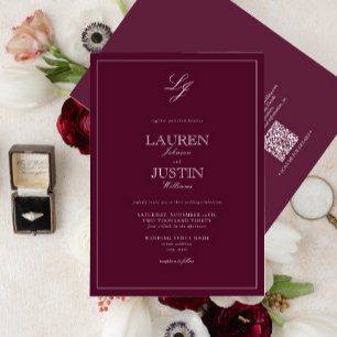 Invitation QR Code Classique Bourgogne Script Monogramme Mari
