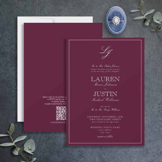 Invitation QR Code Classique Bourgogne Script Monogramme Mari (Créateur téléchargé)