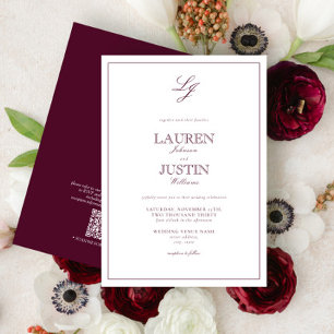 Invitation QR Code Classique Bourgogne Script Monogramme Mari