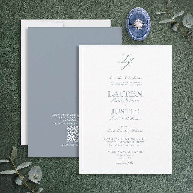 Invitation QR Code classique Dusty Blue Script Monogramme Mar (Créateur téléchargé)