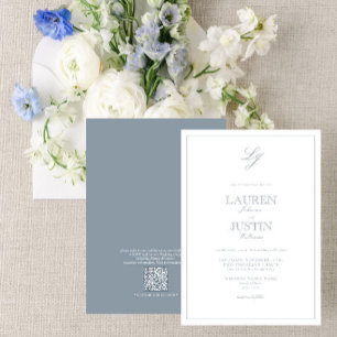 Invitation QR Code classique Dusty Blue Script Monogramme Mar