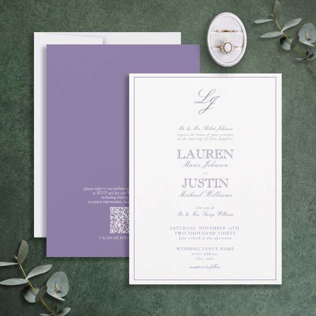 Invitation QR Code classique Lavender Script Monogramme Maria (Créateur téléchargé)