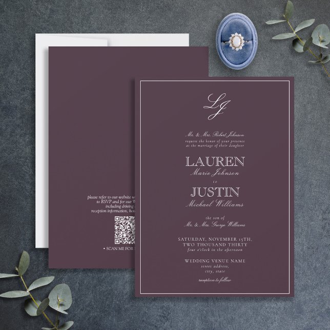 Invitation QR Code classique Plum violet Monogramme Mariage I (Créateur téléchargé)