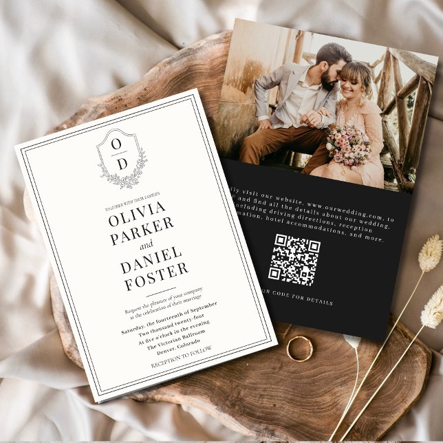 Invitation QR Code Crest Black & White Photo Mariage moderne (Créateur téléchargé)