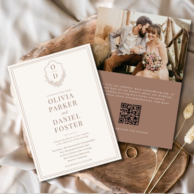 Invitation QR Code Crest Mocha Photo Brown Mariage moderne (Créateur téléchargé)