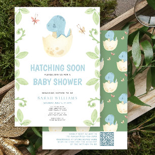 Invitation QR Code Cute Dinosaur Hatching Bientôt Baby shower