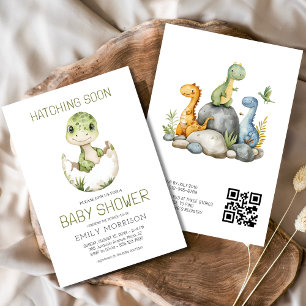 Invitation QR Code Cute Dinosaur Hatching Bientôt Baby shower