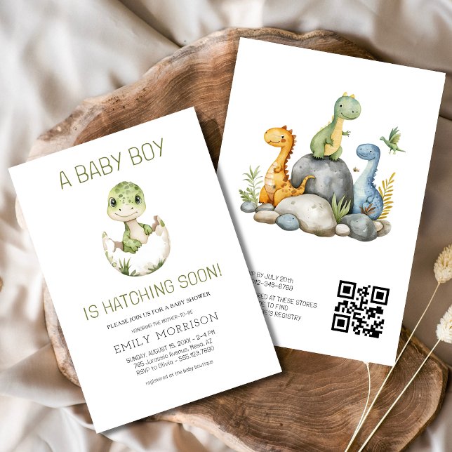 Invitation QR Code Cute Dinosaur Hatching Bientôt Baby shower (Créateur téléchargé)