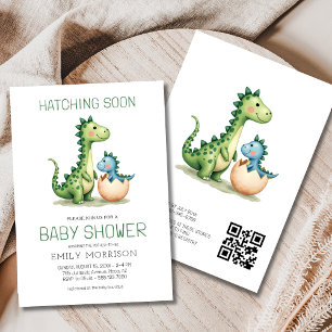 Invitation QR Code Cute Dinosaur Hatching Bientôt Baby shower