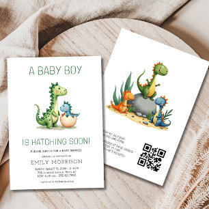 Invitation QR Code Cute Dinosaur Hatching Bientôt Baby shower