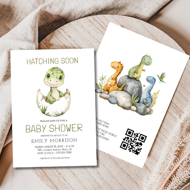 Invitation QR Code Cute Dinosaur Hatching Bientôt Baby shower (Créateur téléchargé)