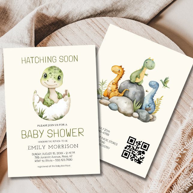Invitation QR Code Dinosaure beige Hatching Bientôt Baby show (Créateur téléchargé)