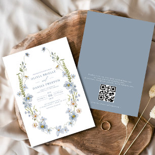 Invitation QR Code Dusty Bleu élégant Jardin Vintage Mariage