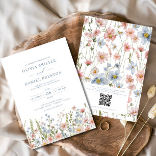 Invitation QR Code Dusty Blue Blush Fleur sauvage Mariage ros