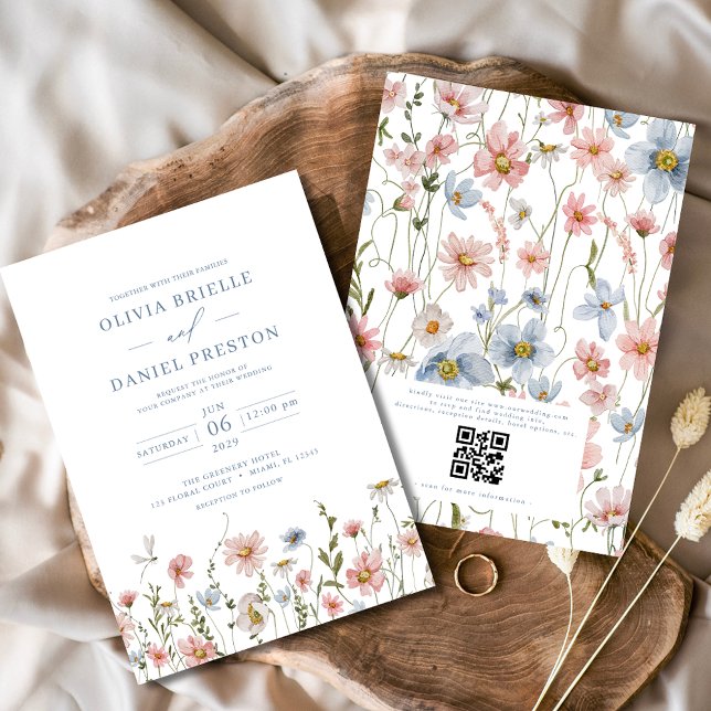 Invitation QR Code Dusty Blue Blush Fleur sauvage Mariage ros (Créateur téléchargé)