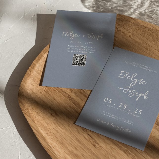 Invitation QR Code Dusty Blue Boho Chic Mariage moderne (Créateur téléchargé)