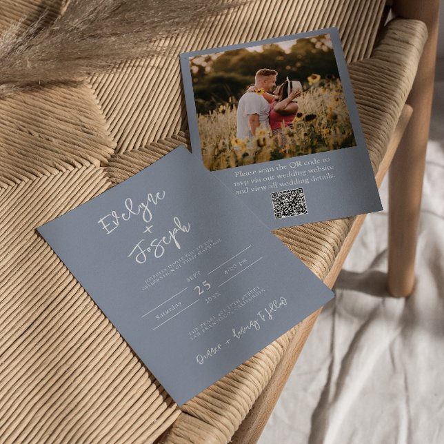 Invitation QR Code Dusty Blue Photo Boho Mariage moderne (Créateur téléchargé)