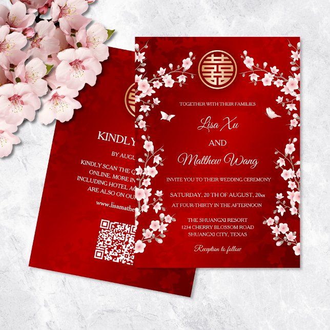 Invitation QR Code Dusty rose cerisier Mariage chinois (Créateur téléchargé)