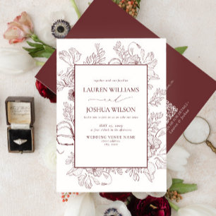 Invitation QR Code Elégant Bourgogne Floral Line Mariage