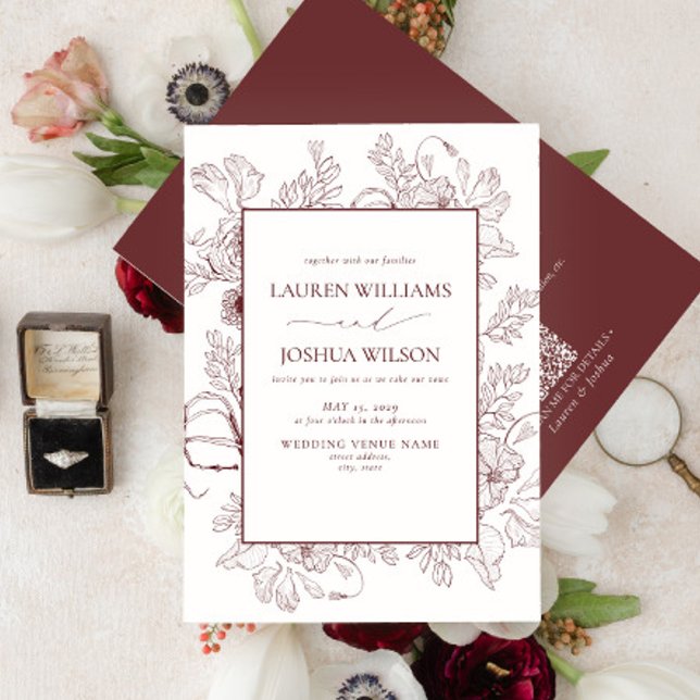 Invitation QR Code Elégant Bourgogne Floral Line Mariage (Créateur téléchargé)