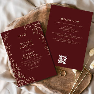 Invitation QR Code Elegant Bourgogne Mariage Monogramme Or