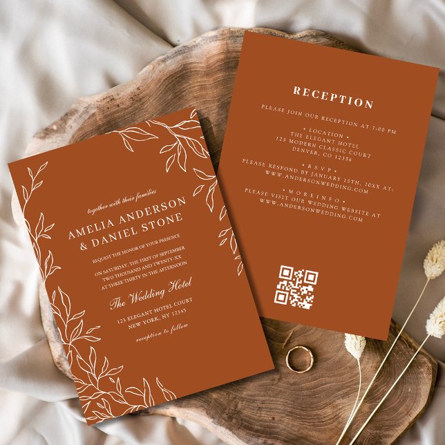 Invitation QR Code Elegant Burnt Orange Minimal Mariage feuil (Créateur téléchargé)