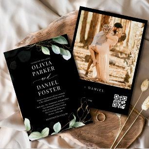 Invitation QR Code Elegant Eucalyptus Black Photo Mariage