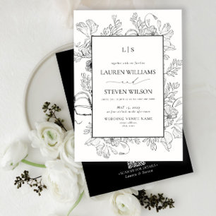 Invitation QR Code Élégant Monogramme noir Floral Mariage