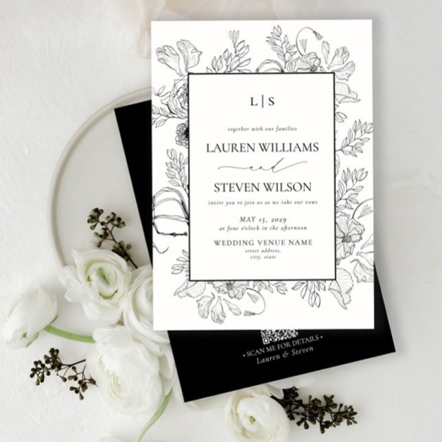 Invitation QR Code Élégant Monogramme noir Floral Mariage (Créateur téléchargé)