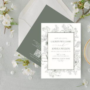 Invitation QR Code élégant Sage Green Floral Line Art Mariage