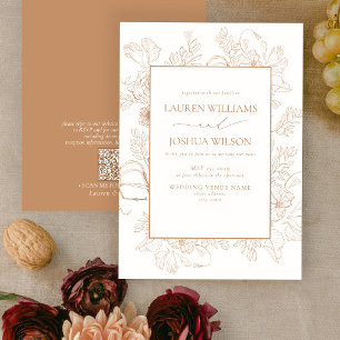 Invitation QR Code Élégant Terracotta Floral Line Art Mariage