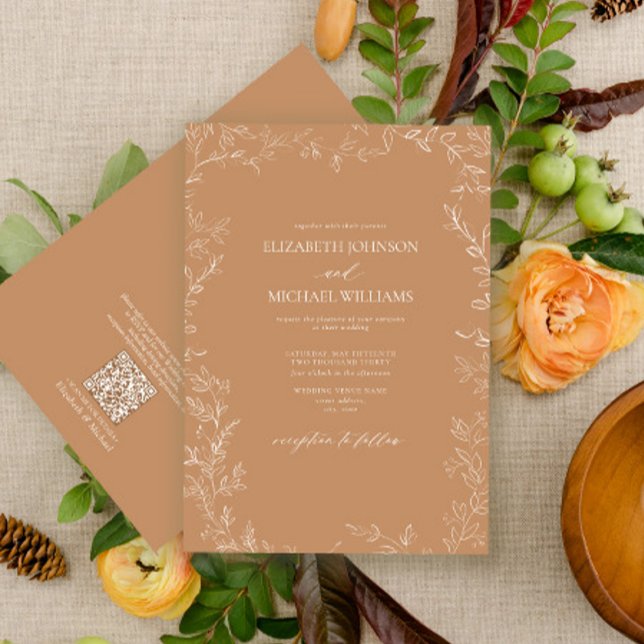 Invitation QR Code Élégant Terracotta Mariage minimum feuille (Créateur téléchargé)