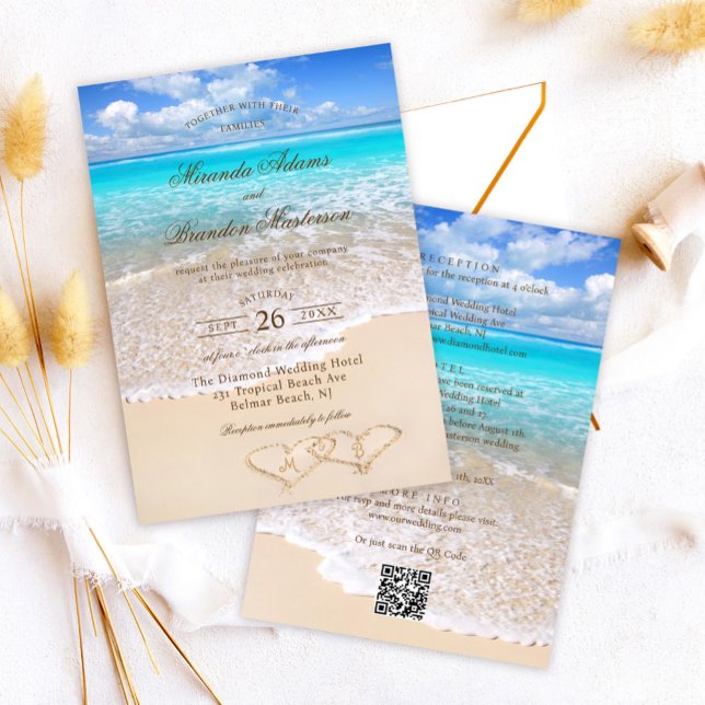 Invitation QR Code Elegant Tropical Beach Wedding All in One (Créateur téléchargé)