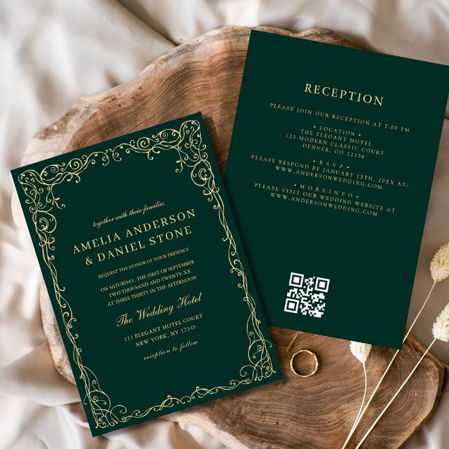 Invitation QR Code Emerald Green Gold Minimal Mariage (Créateur téléchargé)