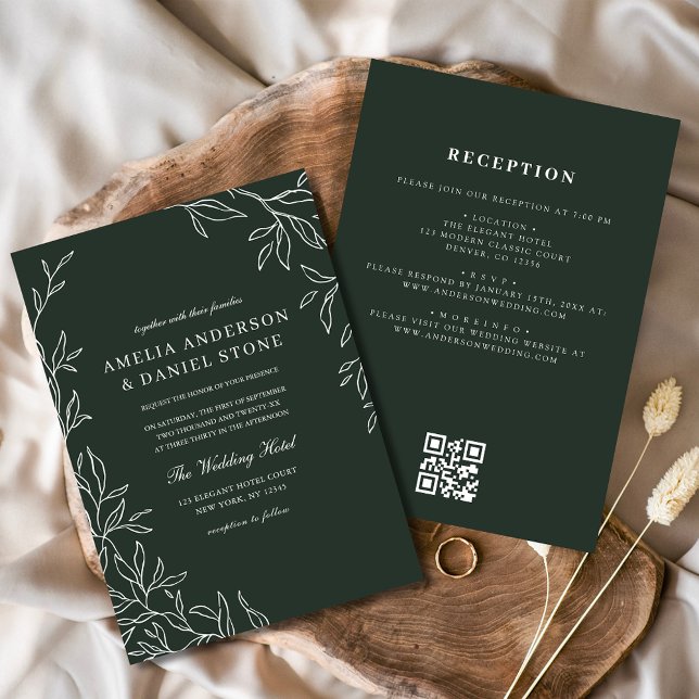 Invitation QR Code Emerald Green Minimal Mariage feuille (Créateur téléchargé)