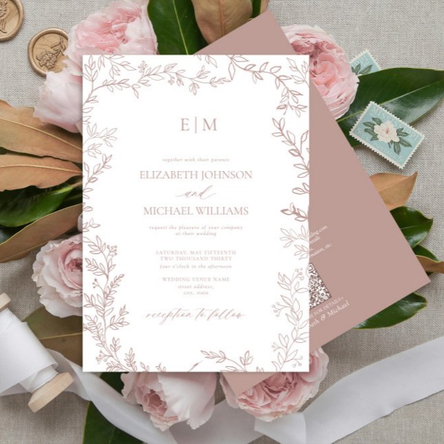 Invitation QR Code feuille Dusty Rose Élégant Mariage Monogra (Créateur téléchargé)