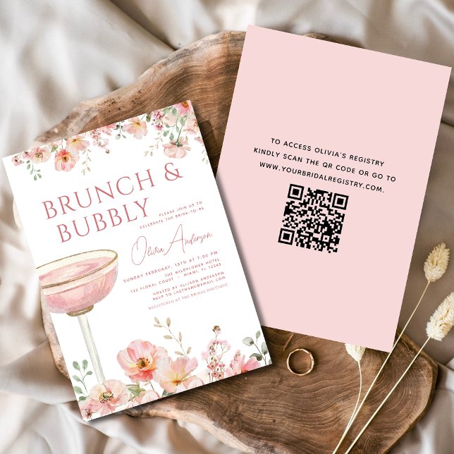 Invitation QR Code Floral Brunch et Fête des mariées Bubbly (Créateur téléchargé)