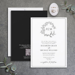 Invitation QR Code Formel Noir Blanc Feuillet Monogramme