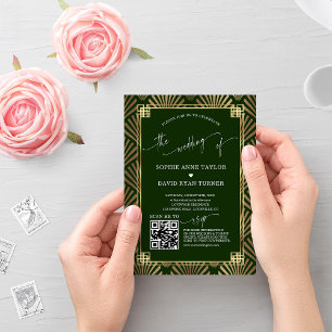 Invitation QR Code Gold Dark Green Art Déco Mariage