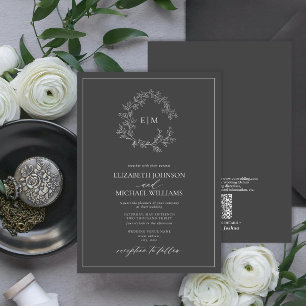 Invitation QR Code Gris Cimetière Mariage de monogramme