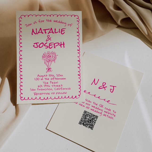 Invitation QR Code Hand Drawn Vivid Pink Retro Funky Wedding (Créateur téléchargé)