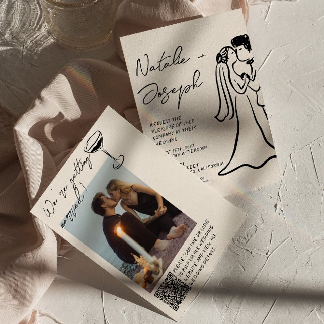 Invitation QR  Code Hand Drawn Written Couple Photo Wedding  (Créateur téléchargé)