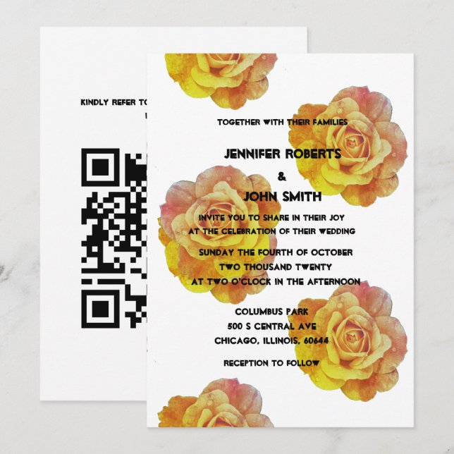 Invitation QR Code Jaune Orange Floral Rose Mariage Boho (Devant / Derrière)