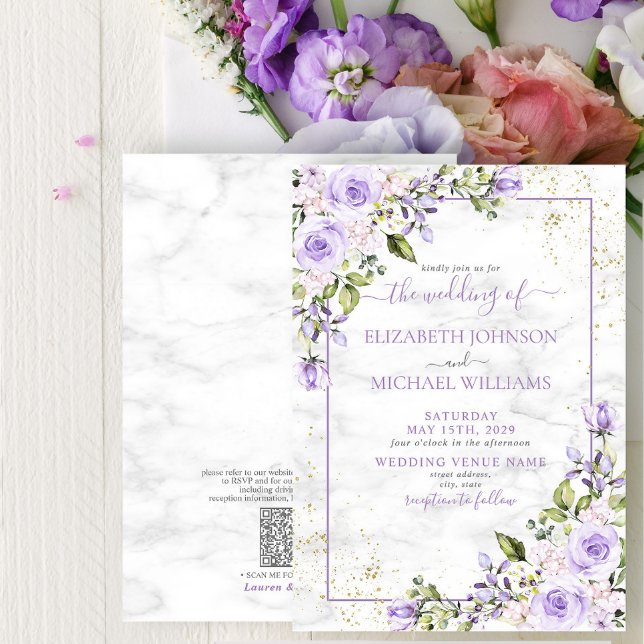 Invitation QR Code Lilac Lavender Gold Marble Floral Mariage (Créateur téléchargé)