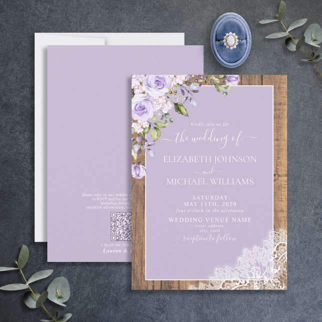 Invitation QR Code Lilac Lavender Mariage de dentelle en bois (Créateur téléchargé)