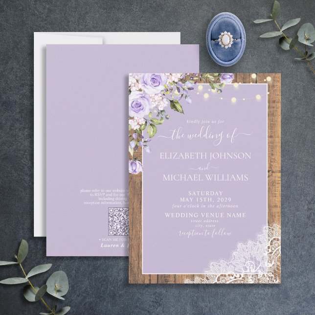 Invitation QR Code Lilac Lavender Mariage de dentelle en bois (Créateur téléchargé)