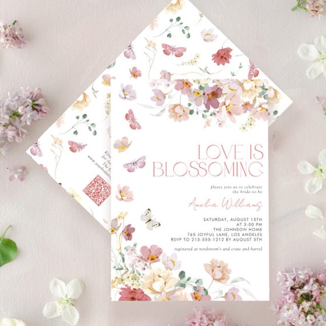 Invitation QR Code Love is Blossoming Pink Bridal Shower (Créateur téléchargé)