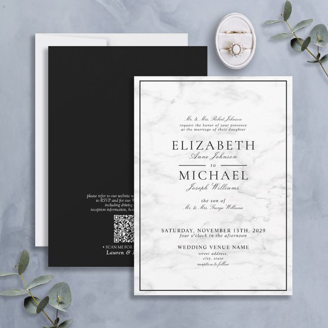Invitation QR Code Marbre noir blanc Mariage de script classi (Créateur téléchargé)