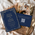 Invitation QR Code Marine Bleu or photo minimaliste Mariage<br><div class="desc">Apportez une élégance moderne à votre journée spéciale avec cette faire-part de mariage minimaliste bleu marine et or avec votre photo personnalisée et un code QR intégré. Les clients peuvent analyser le code vers RSVP, consulter votre site Web mariage ou accéder instantanément aux détails de l'événement. L'arrière - plan marin...</div>